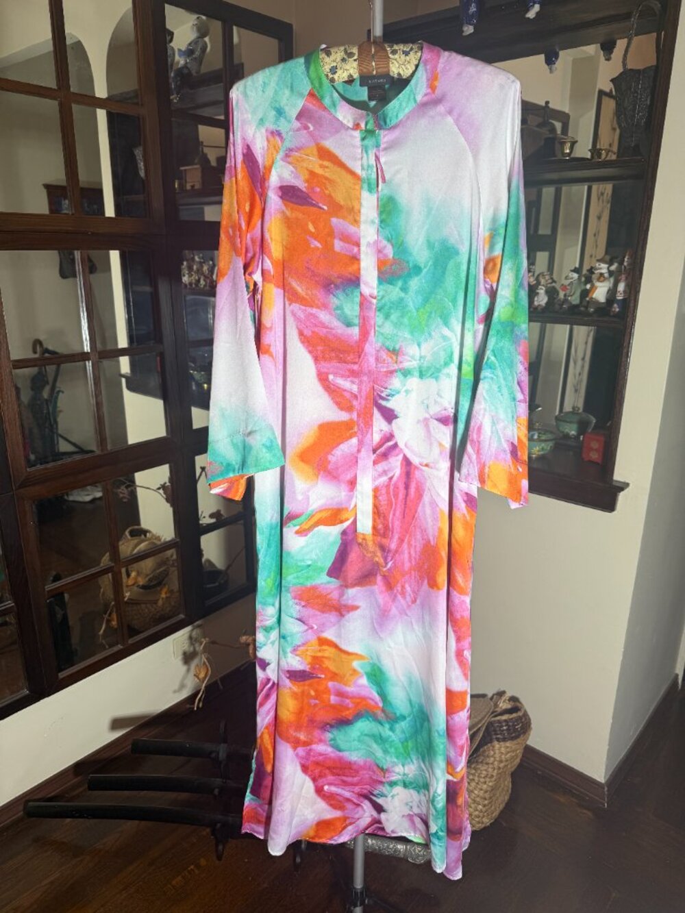 Natori Vintage Abstract Floral Maxi Front Zip Caftan / Dress / Robe Pockets Sz M